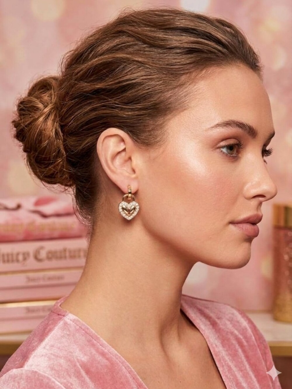 JUICY COUTURE Crystal Heart Keyhole Drop Hoop Earrings Gold